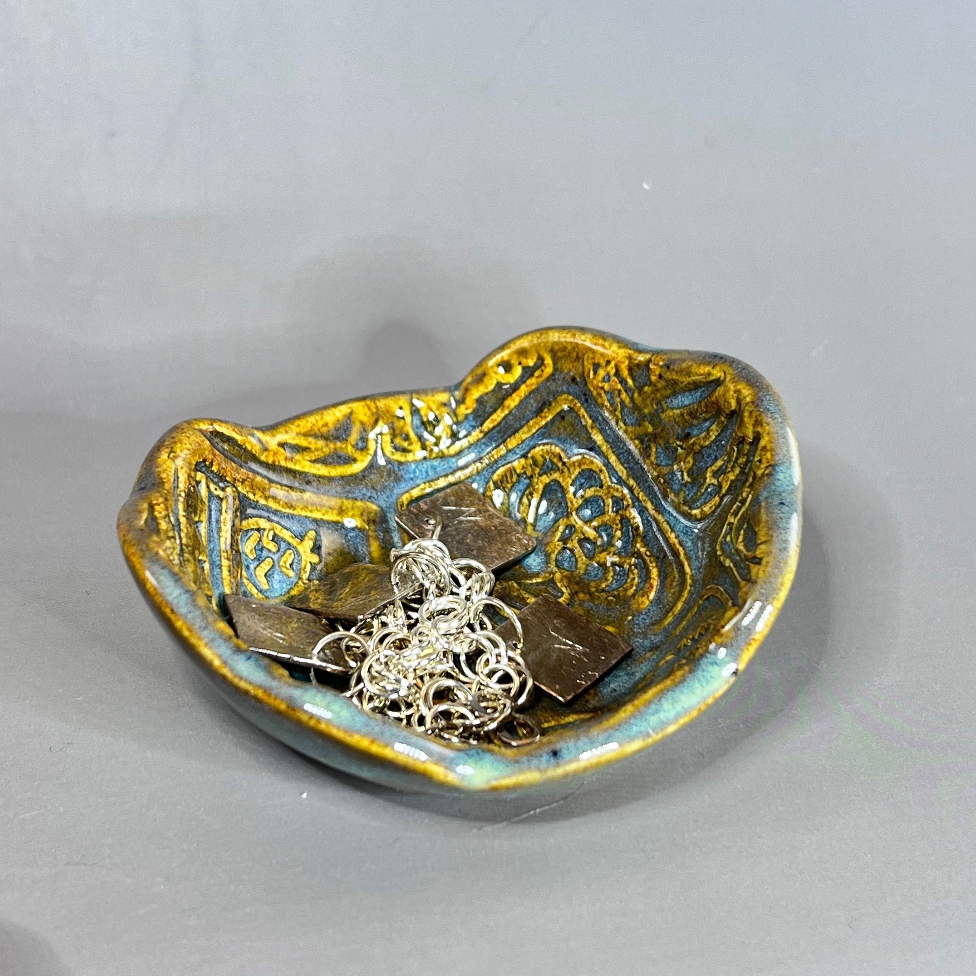 Agave Green and Blue on Amber Brown Succulent Patterned Teabag Holder and Spoonrest
