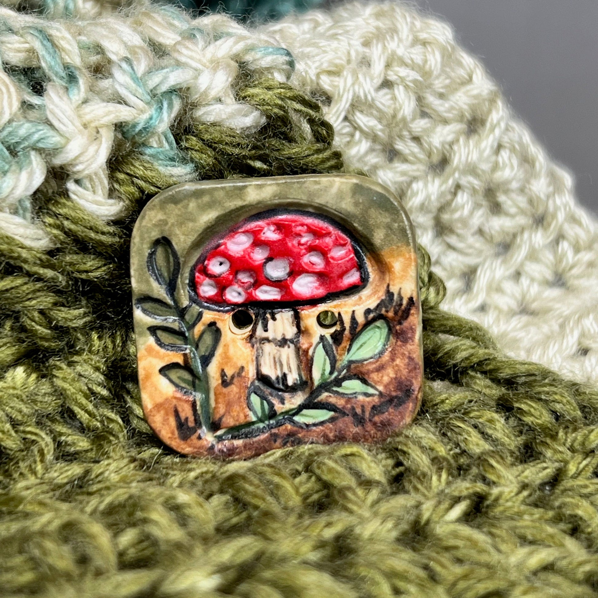 Woodland Red and White Mushroom Rounded Square Ceramic Button