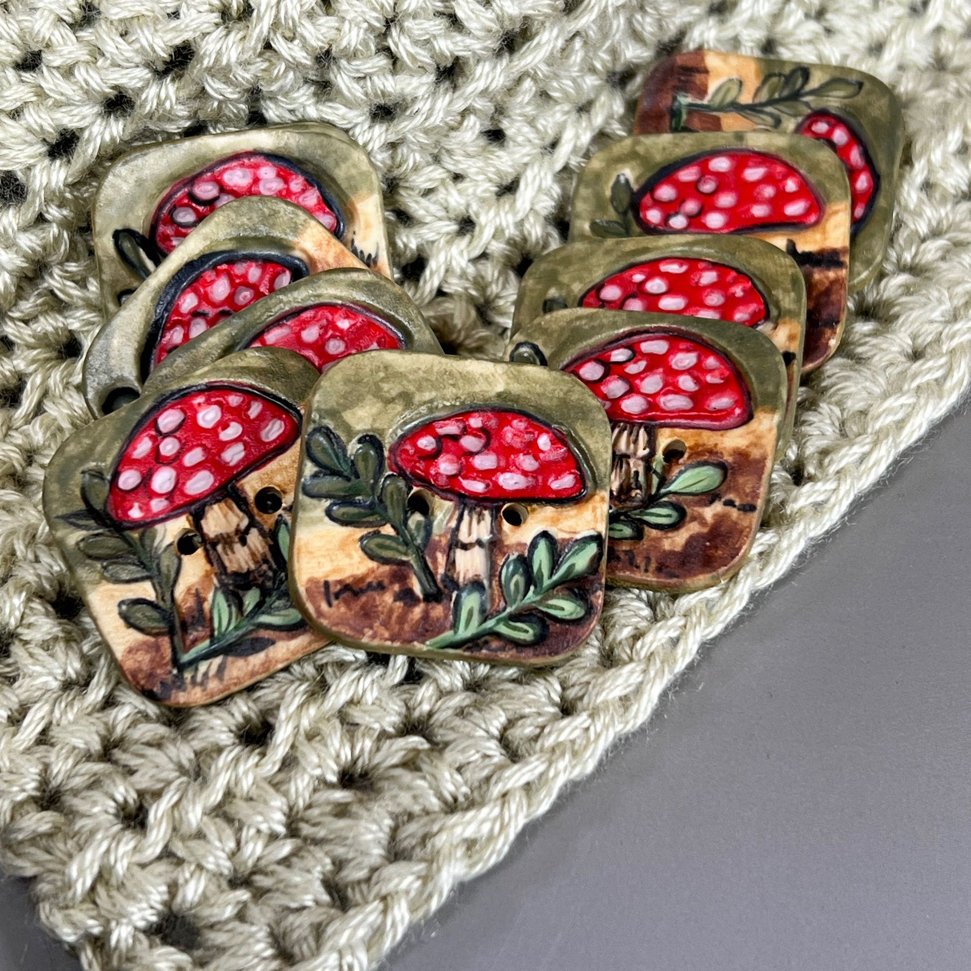 Woodland Red and White Mushroom Rounded Square Ceramic Button