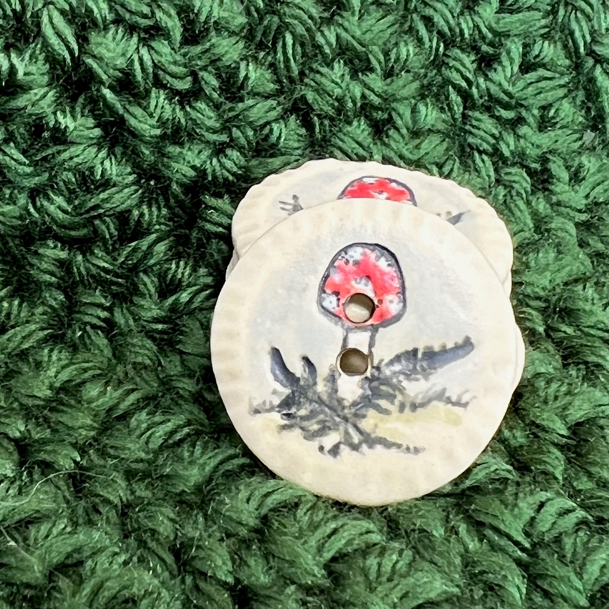 Red and White Cap Mushroom with Fern on White Round Button
