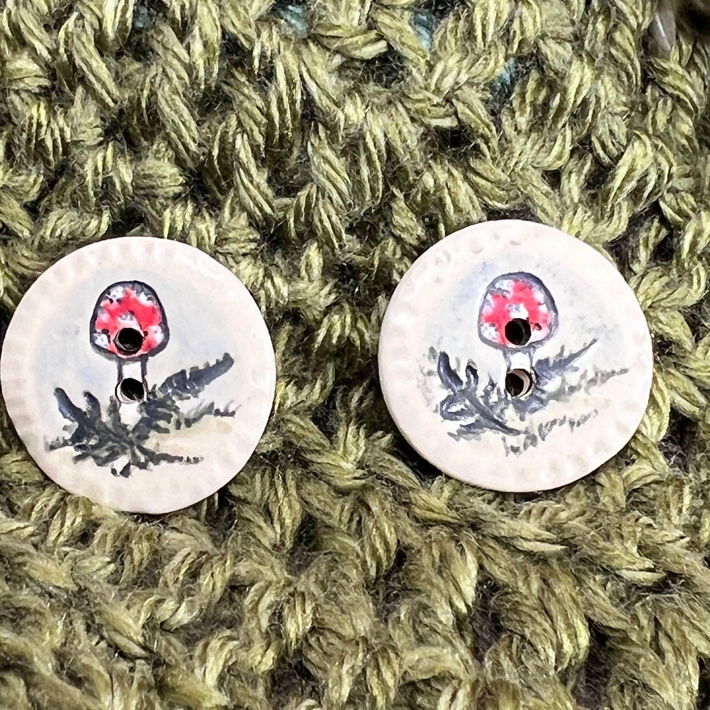 Red and White Cap Mushroom with Fern on White Round Button
