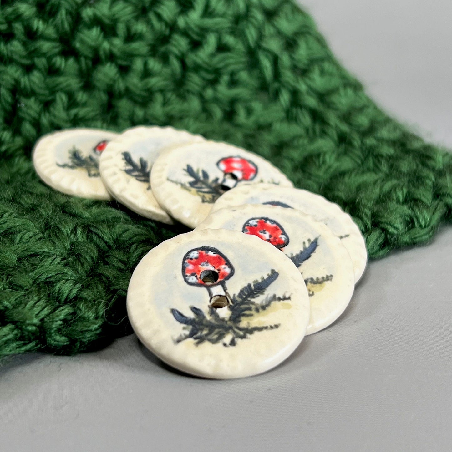 Red and White Cap Mushroom with Fern on White Round Button