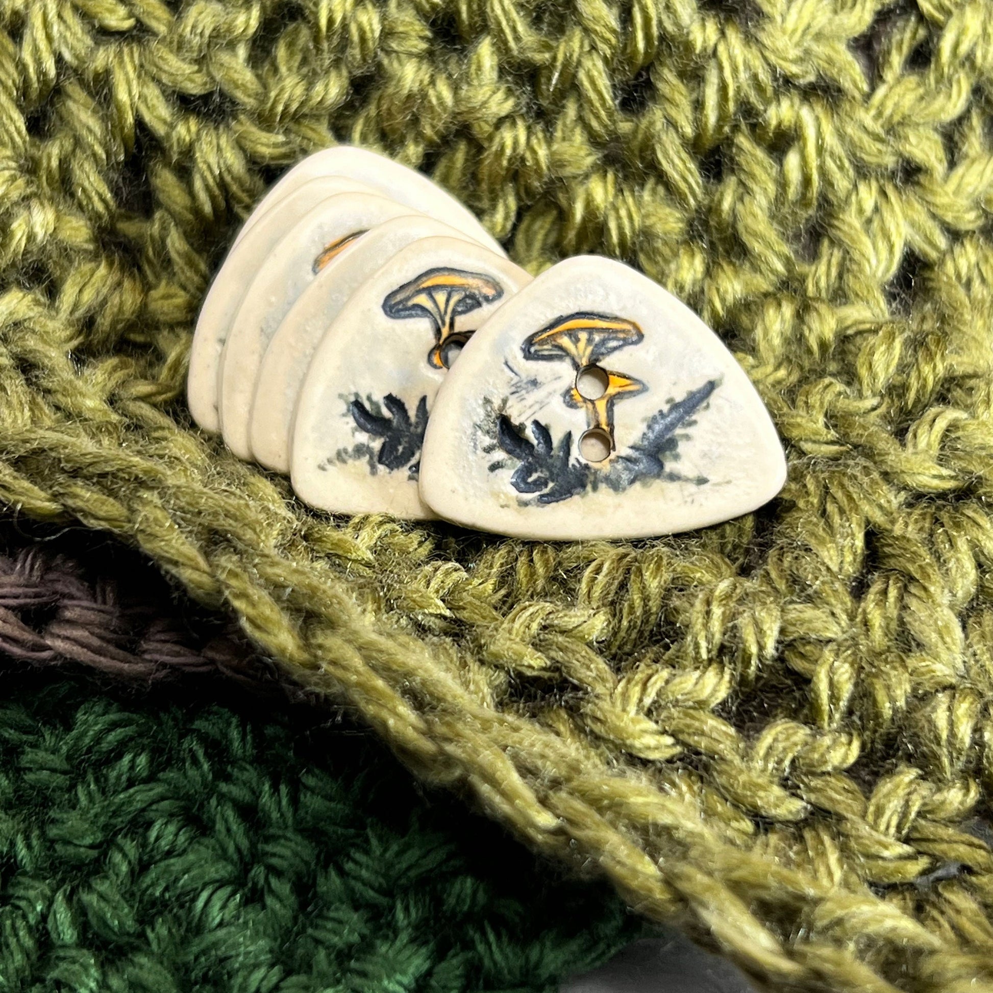 Yellow Cap Woodland Mushroom with Ferns on White Triangular Button