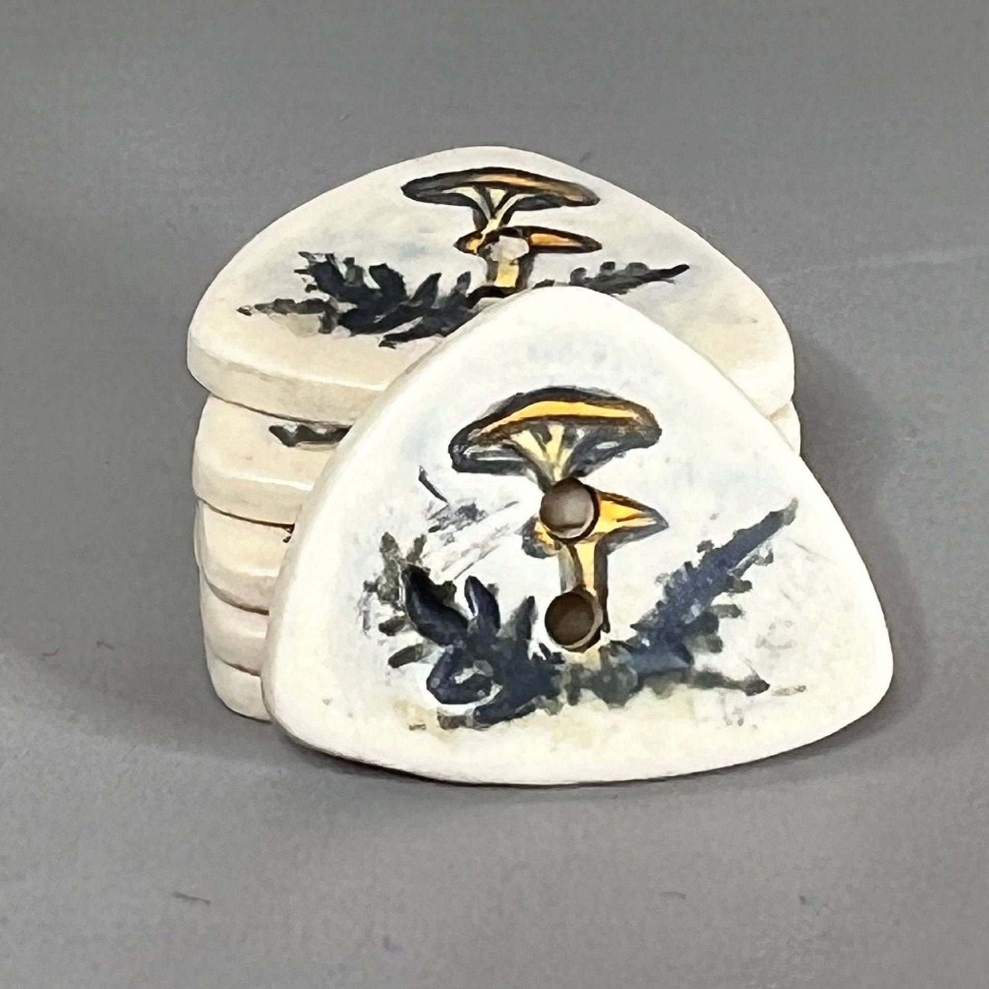 Yellow Cap Woodland Mushroom with Ferns on White Triangular Button