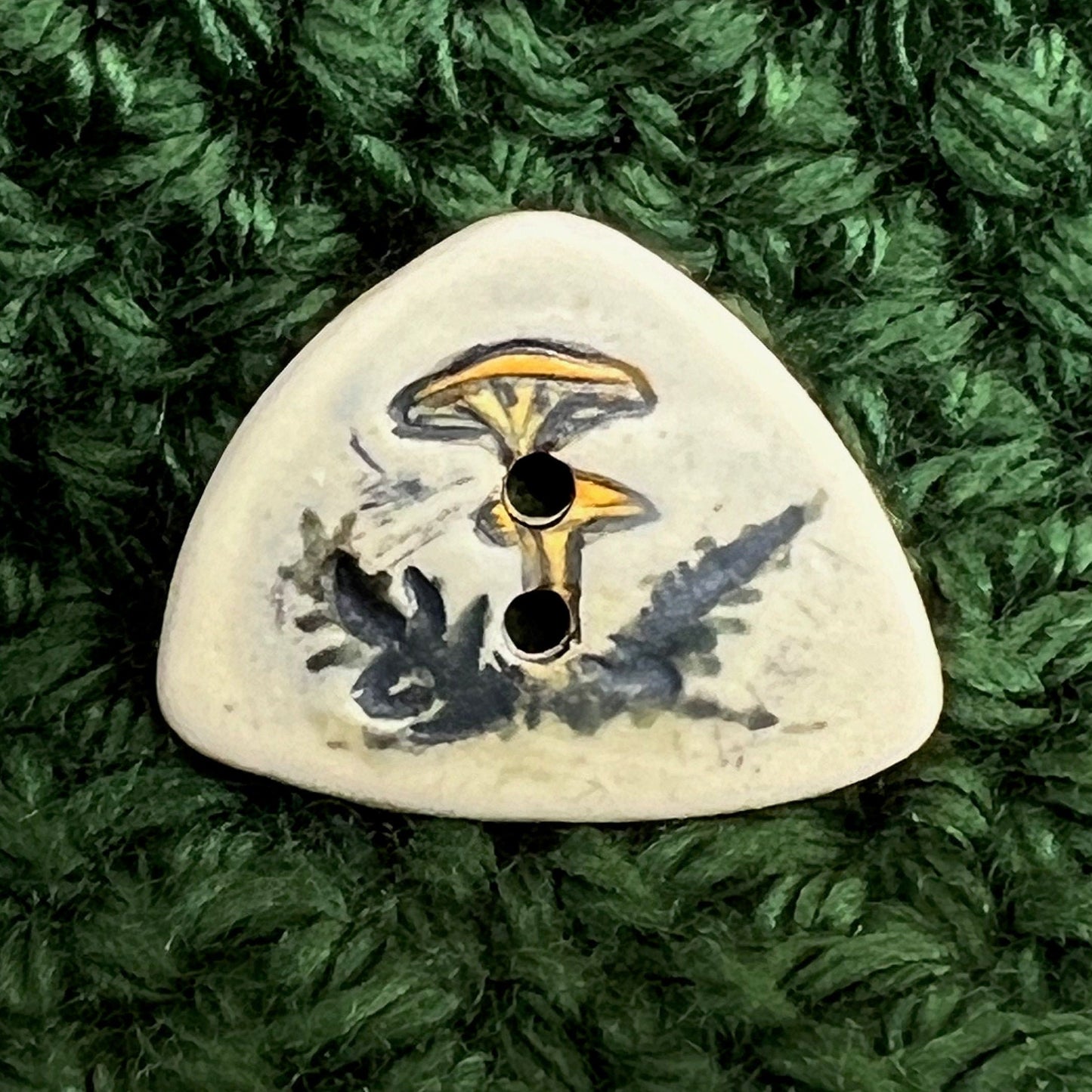 Yellow Cap Woodland Mushroom with Ferns on White Triangular Button