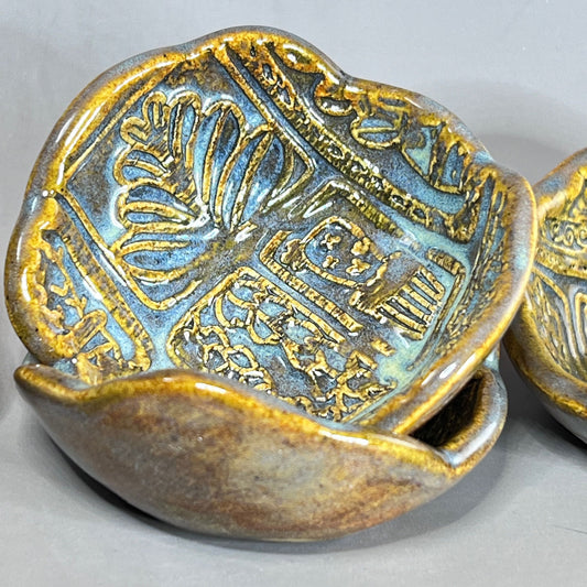 Agave Green and Blue on Amber Brown Succulent Patterned Teabag Holder and Spoonrest