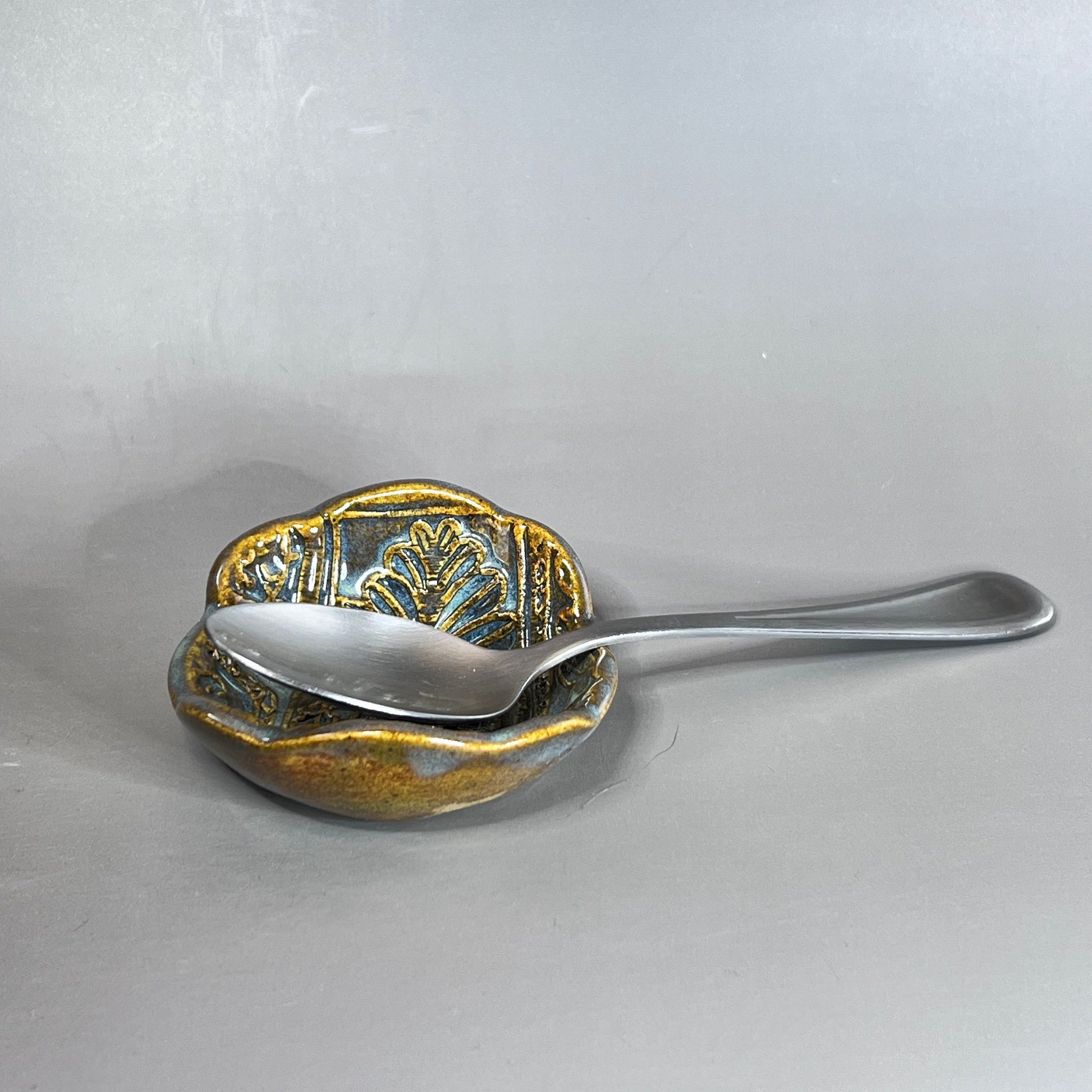 Agave Green and Blue on Amber Brown Succulent Patterned Teabag Holder and Spoonrest