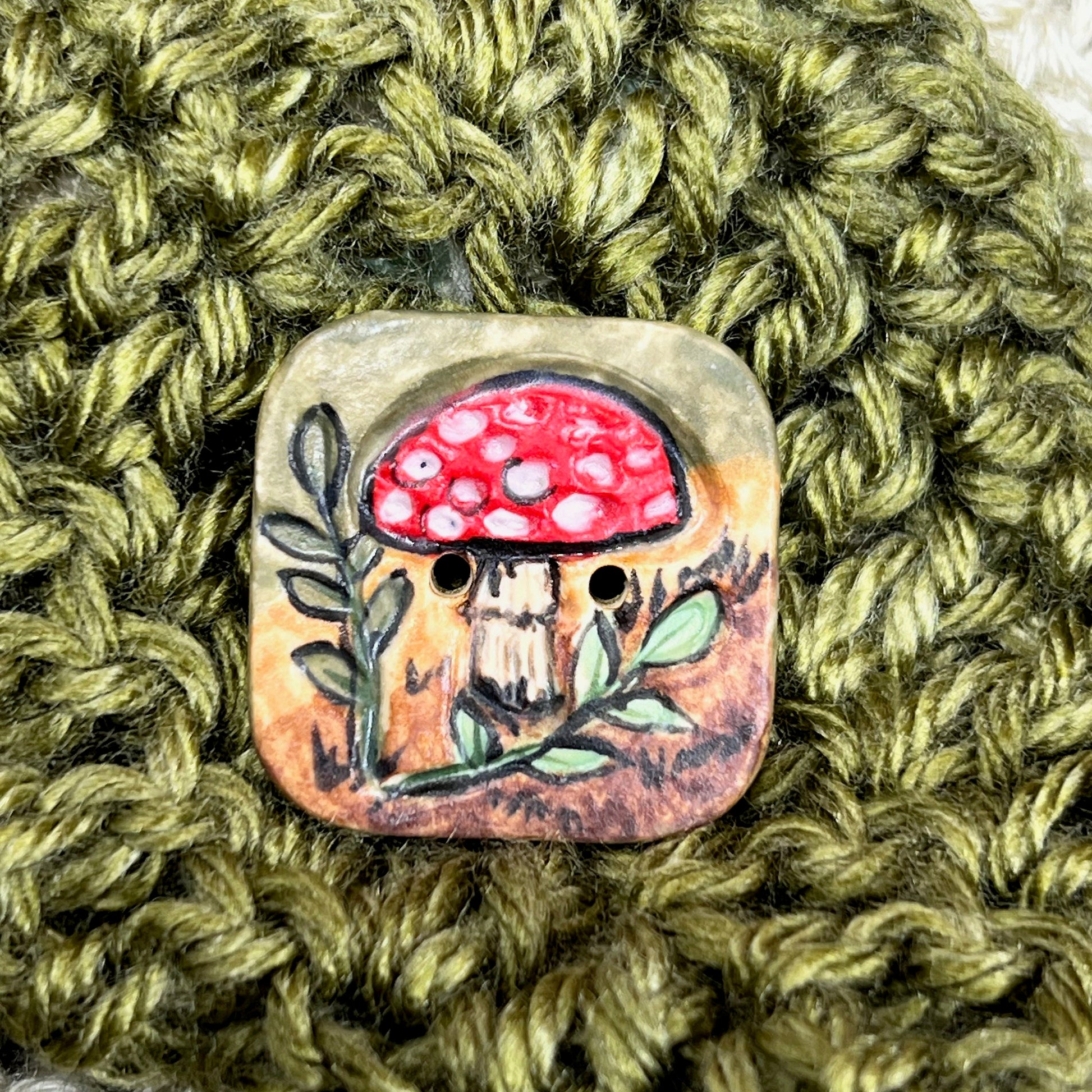 Woodland Red and White Mushroom Rounded Square Ceramic Button