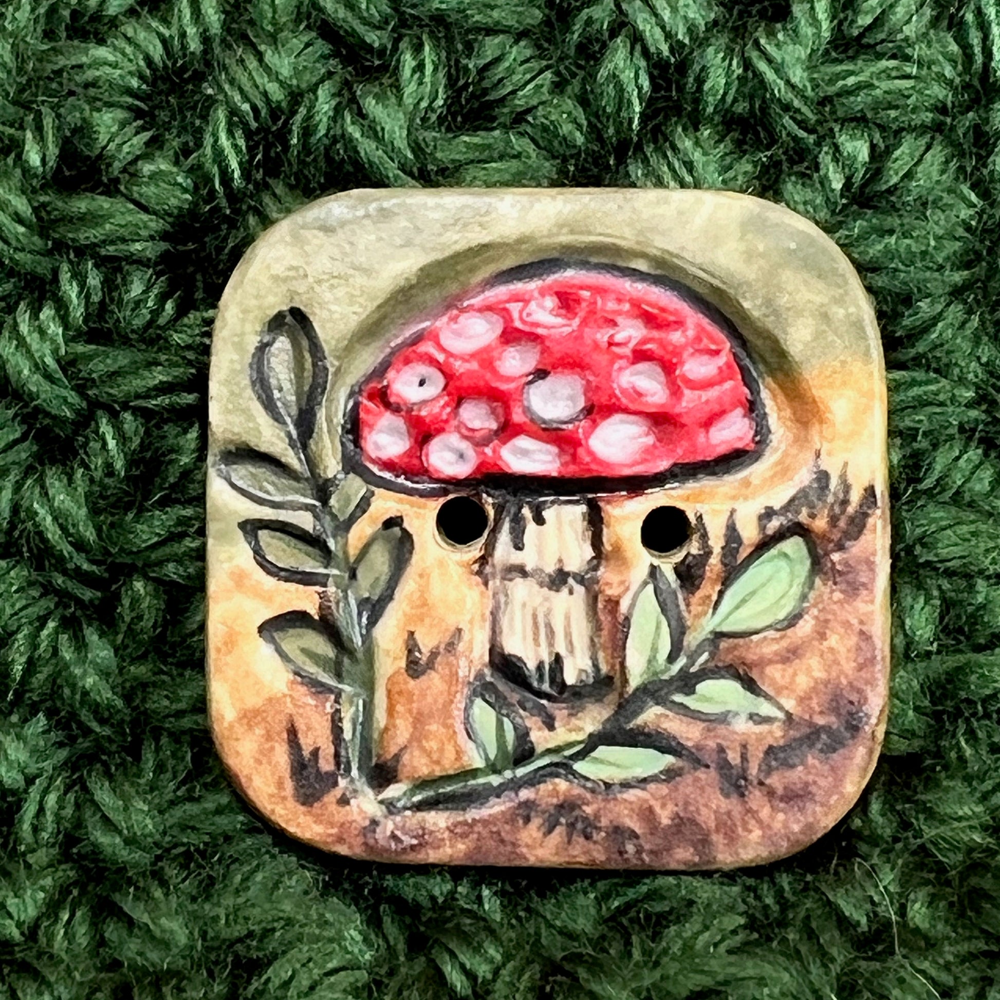 Woodland Red and White Mushroom Rounded Square Ceramic Button