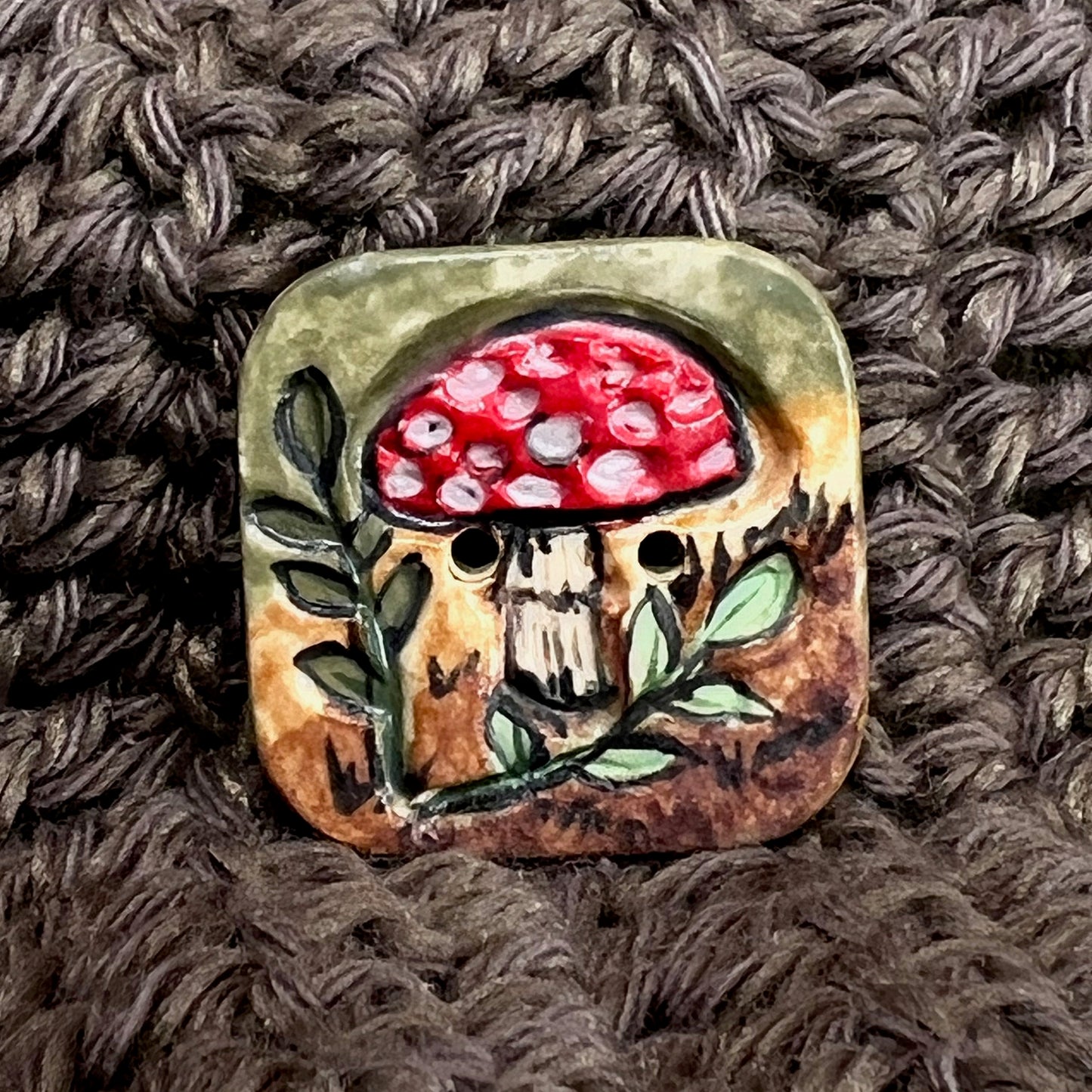 Woodland Red and White Mushroom Rounded Square Ceramic Button