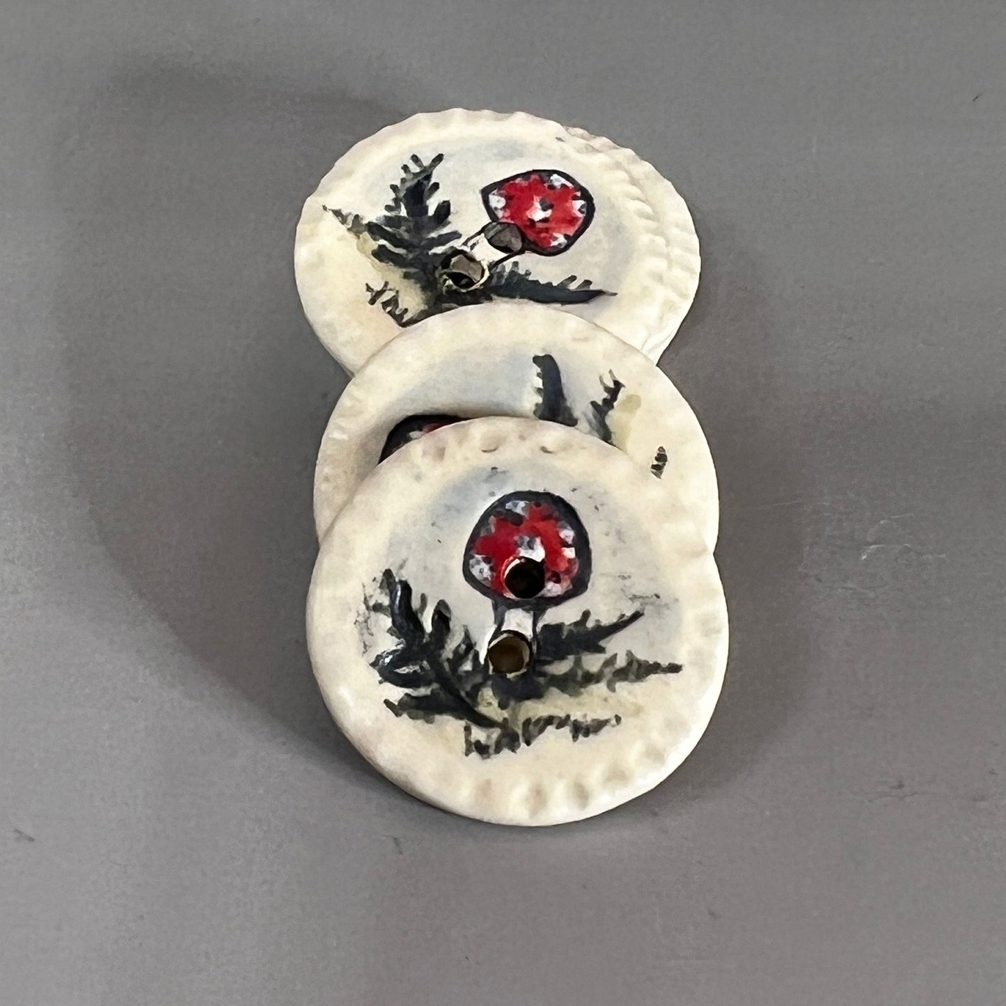 Red and White Cap Mushroom with Fern on White Round Button