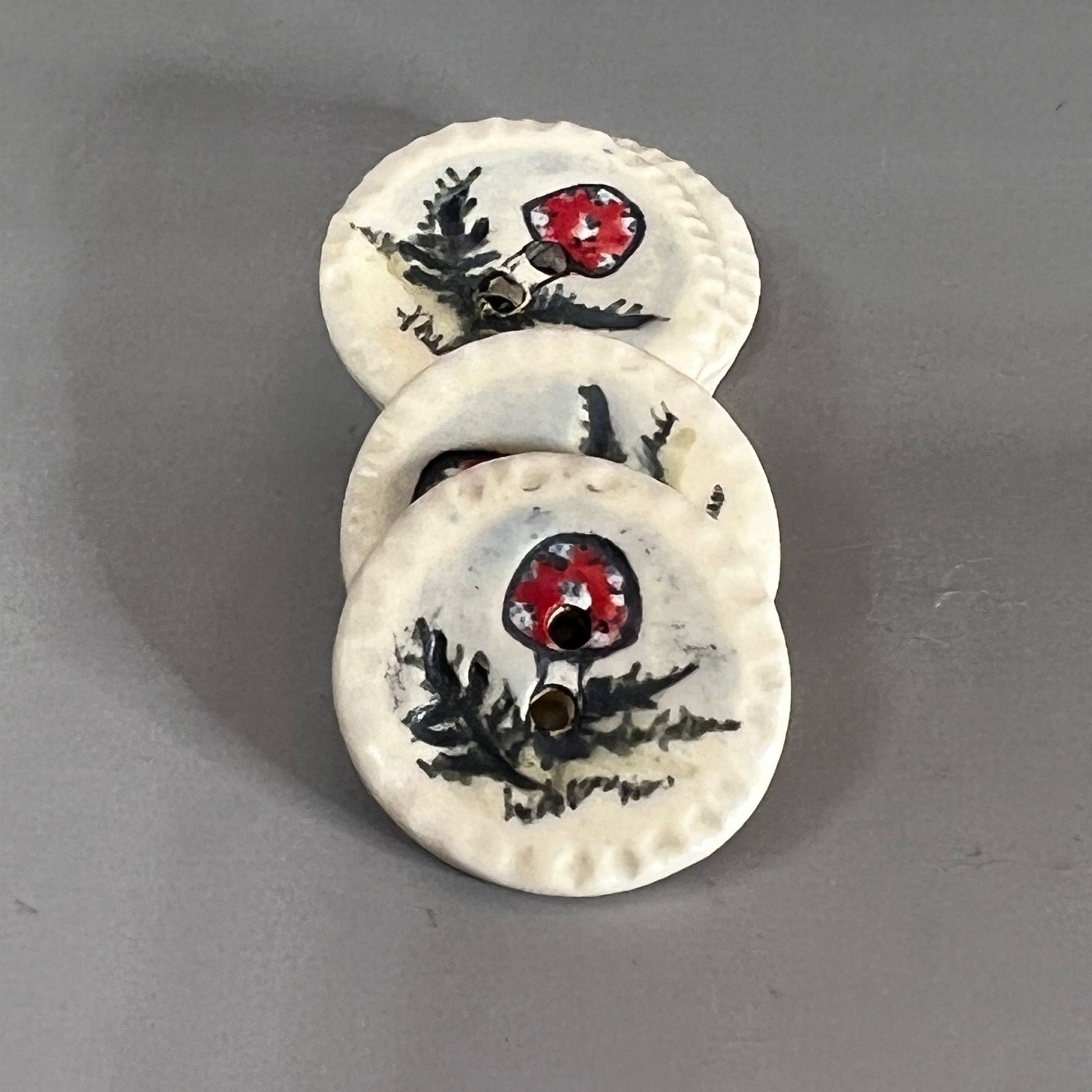 Red and White Cap Mushroom with Fern on White Round Button