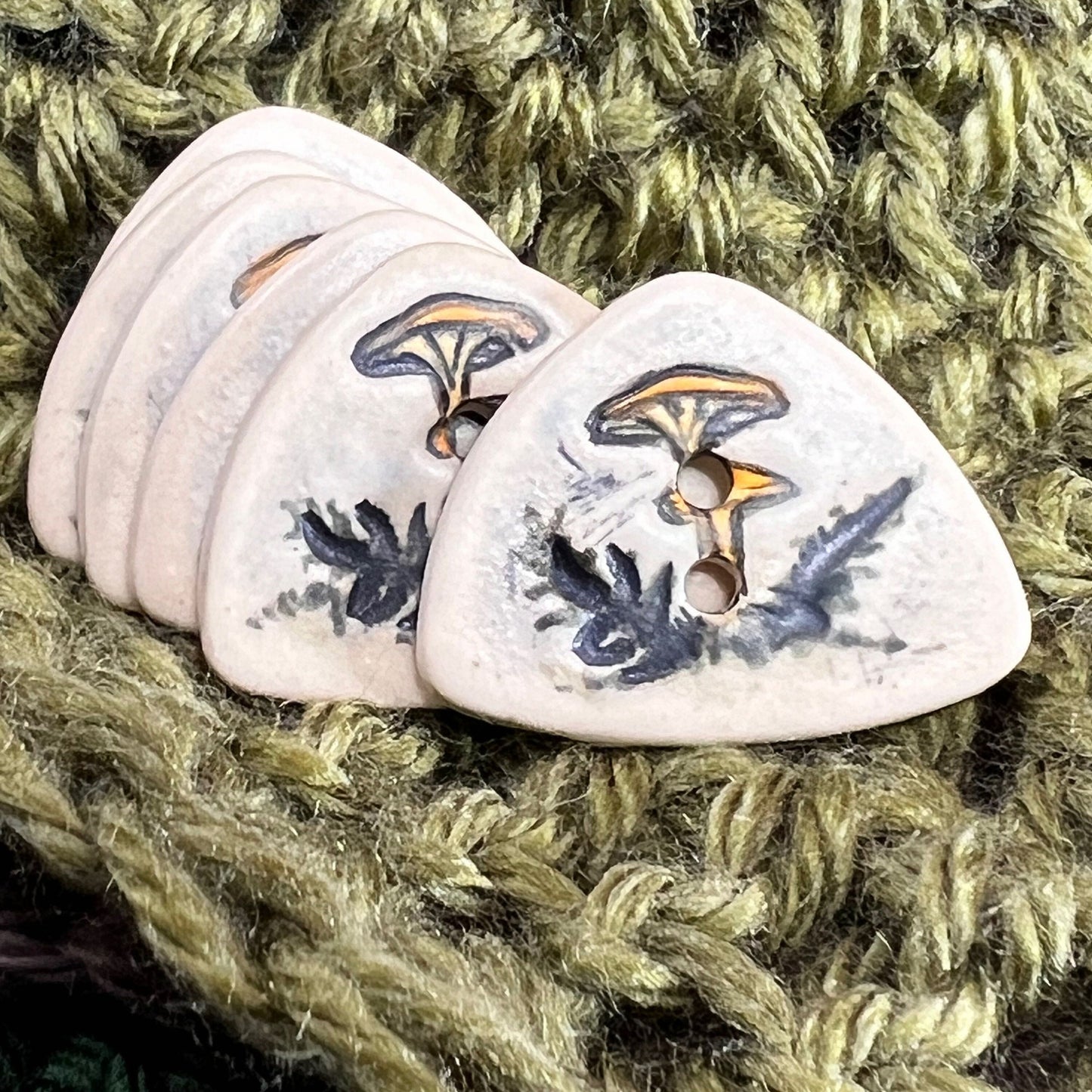Yellow Cap Woodland Mushroom with Ferns on White Triangular Button