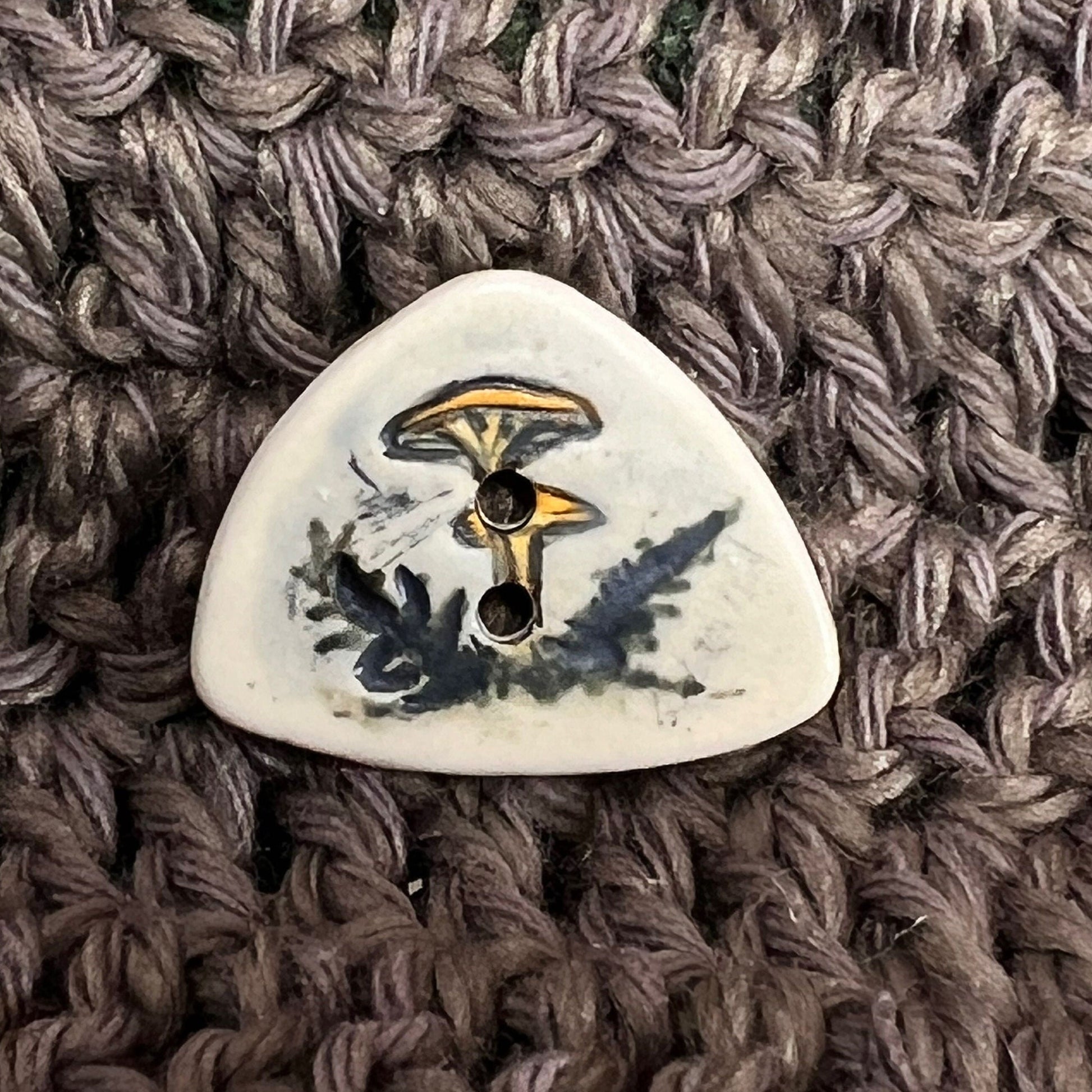Yellow Cap Woodland Mushroom with Ferns on White Triangular Button