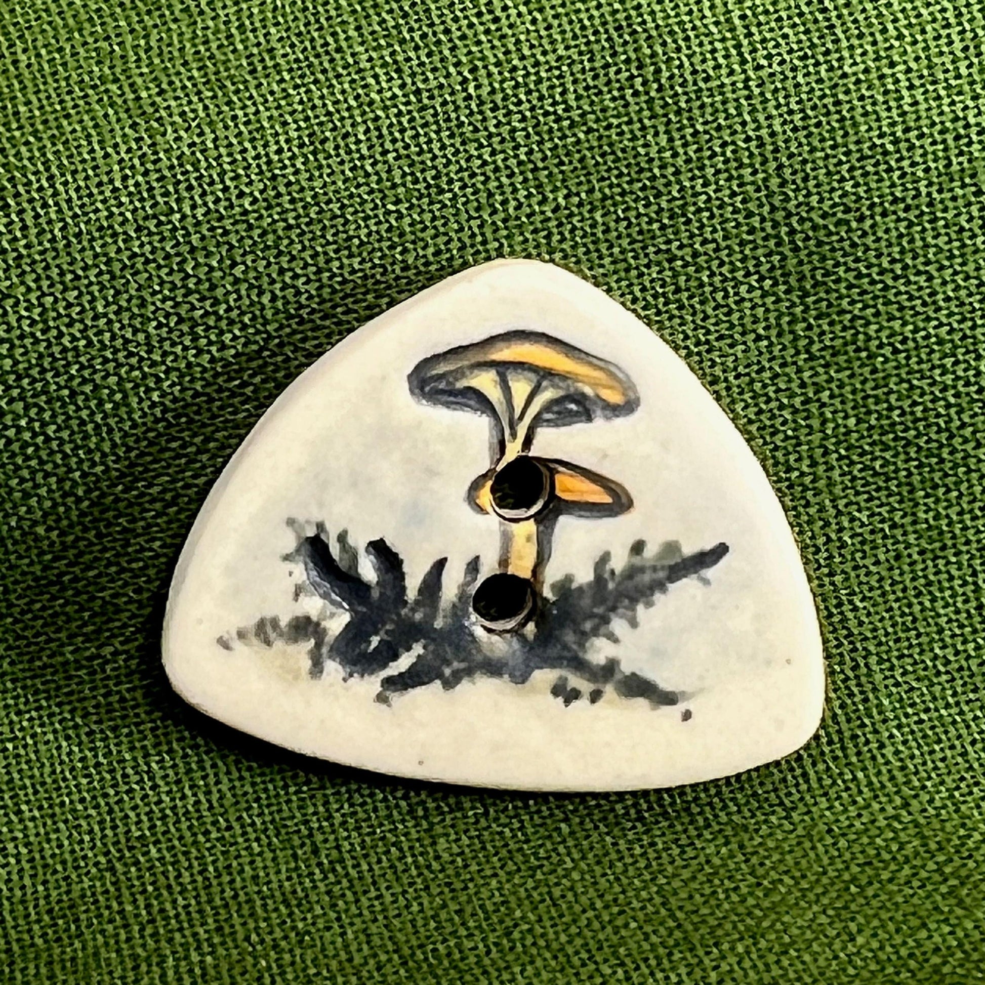 Yellow Cap Woodland Mushroom with Ferns on White Triangular Button