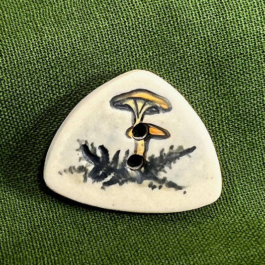 Yellow Cap Woodland Mushroom with Ferns on White Triangular Button