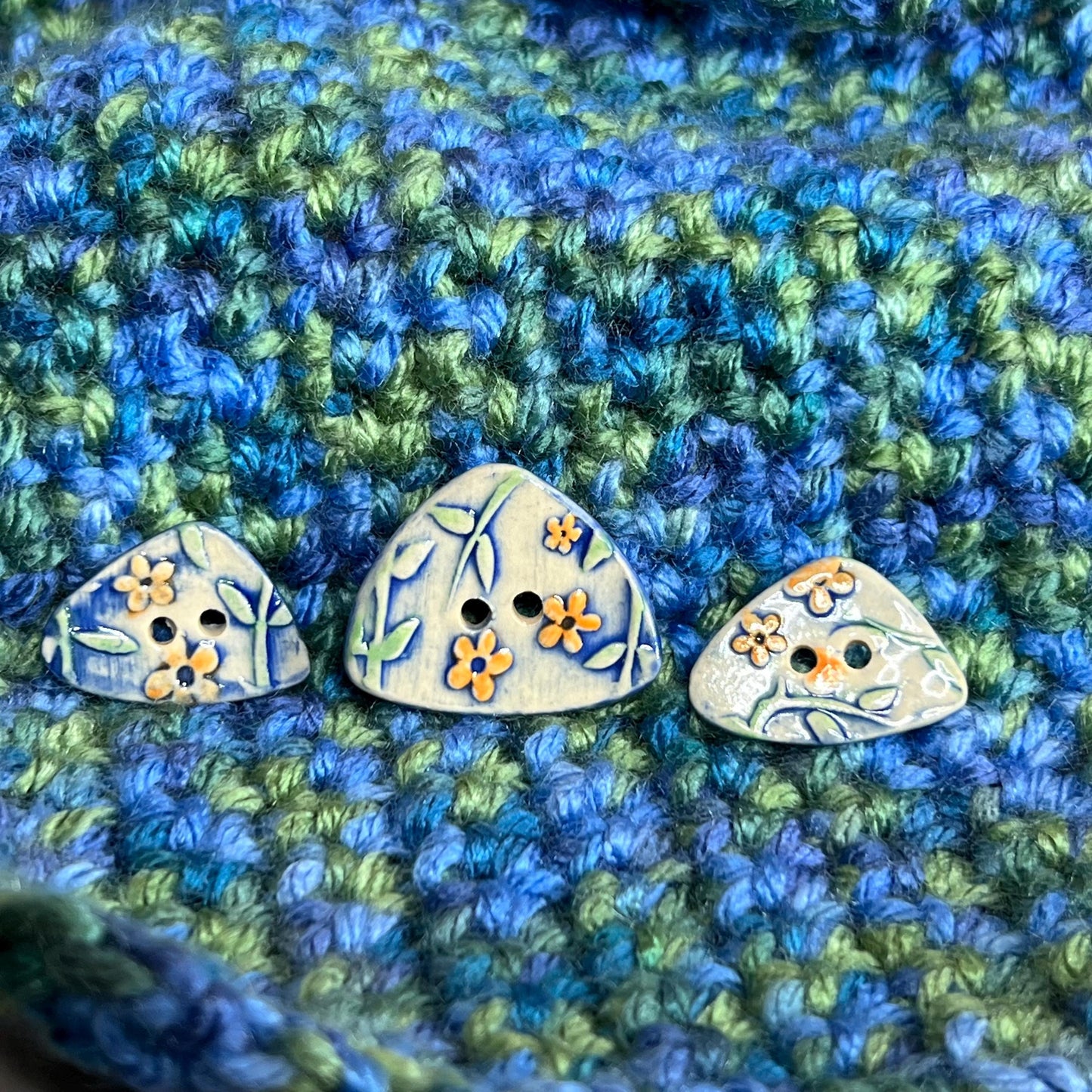 Orange Flowers on Blue and White Background Ceramic Large and Small Triangular Button