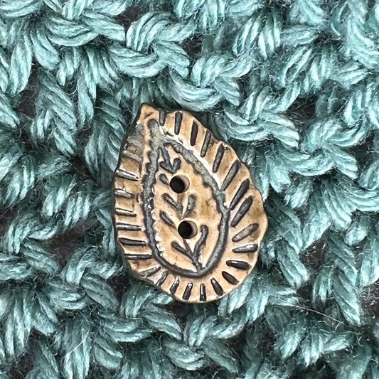 Natural Paisley with Dark Green Details Teardrop Shaped Ceramic Button