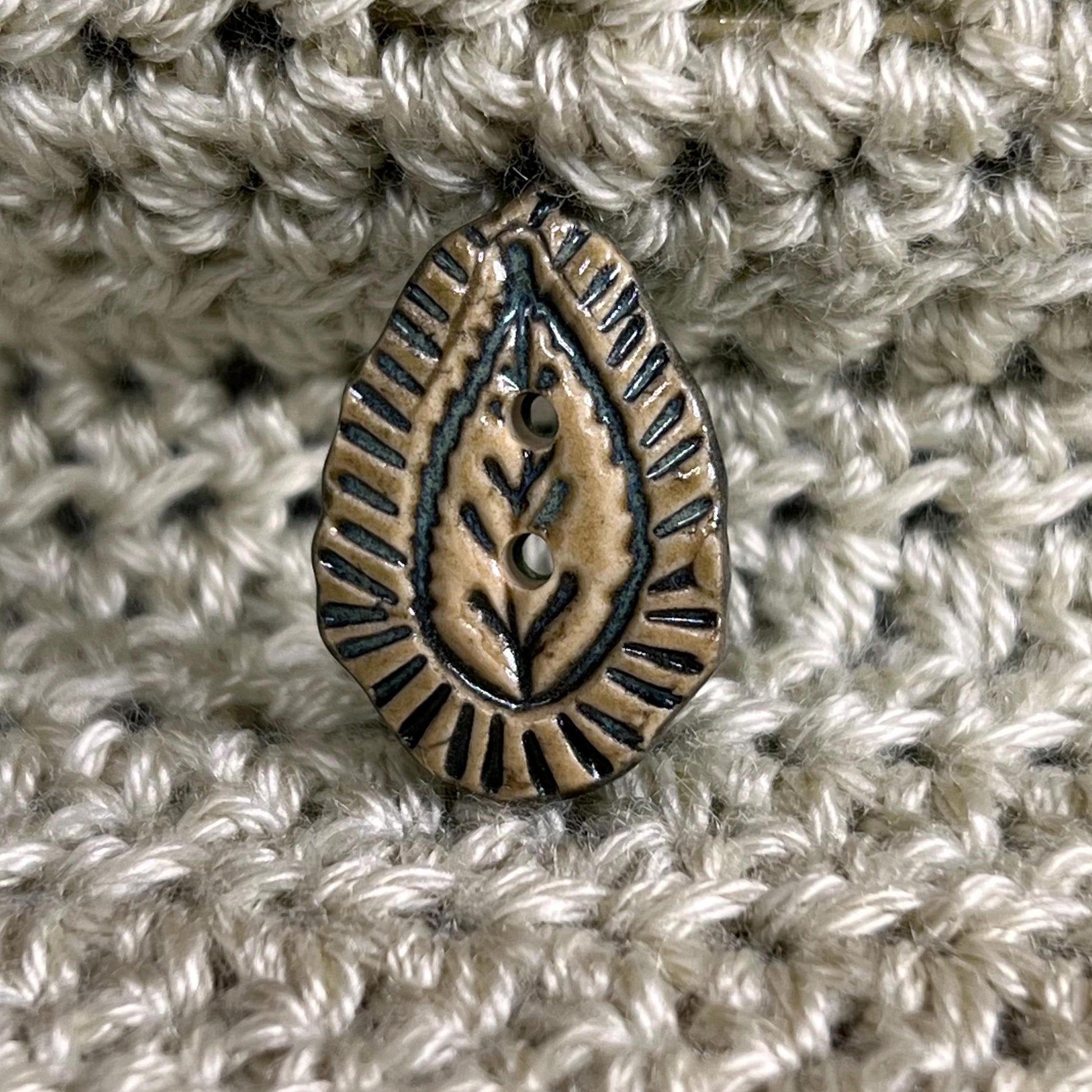 Natural Paisley with Dark Green Details Teardrop Shaped Ceramic Button
