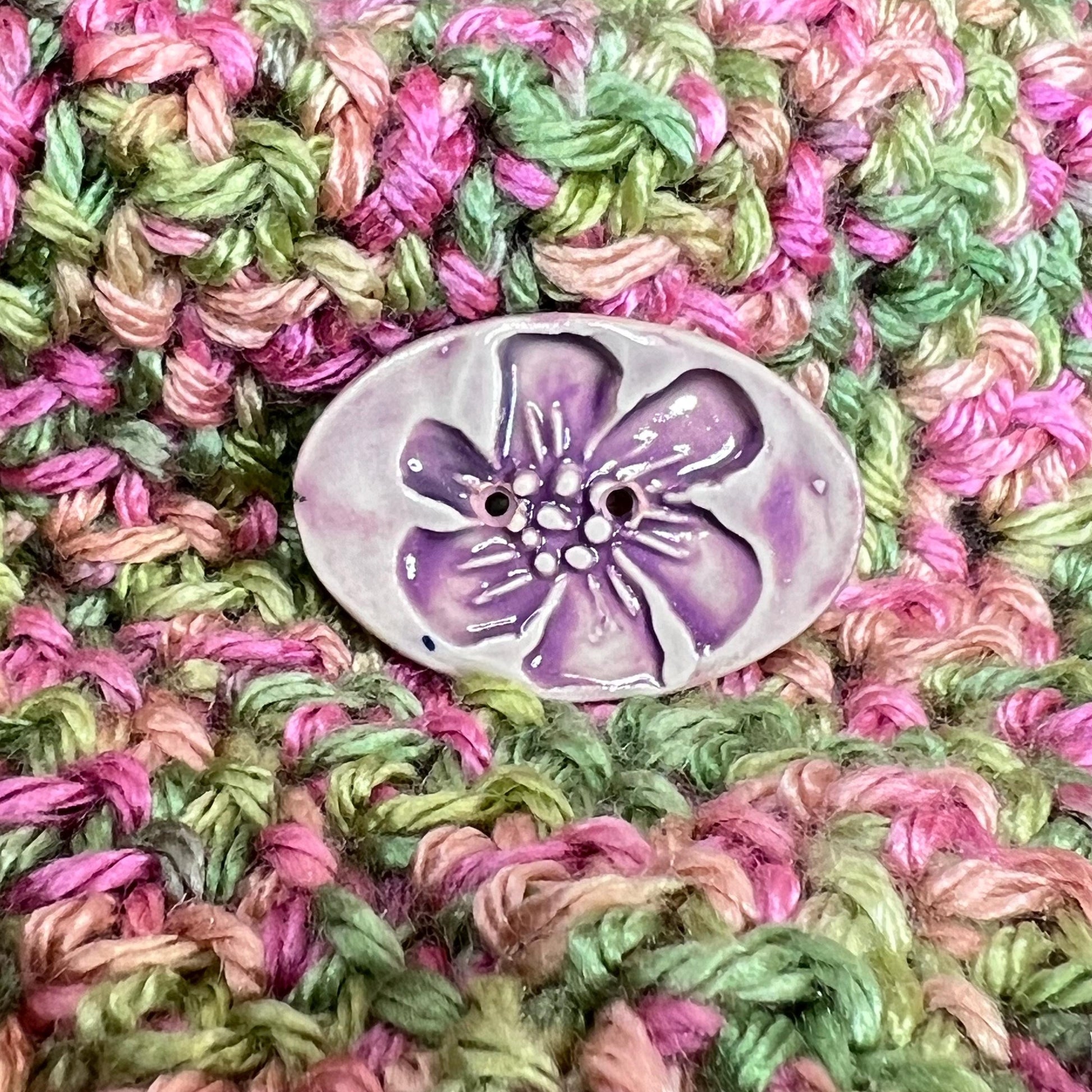Large Lavender Blossom Stamped Oval Ceramic Button