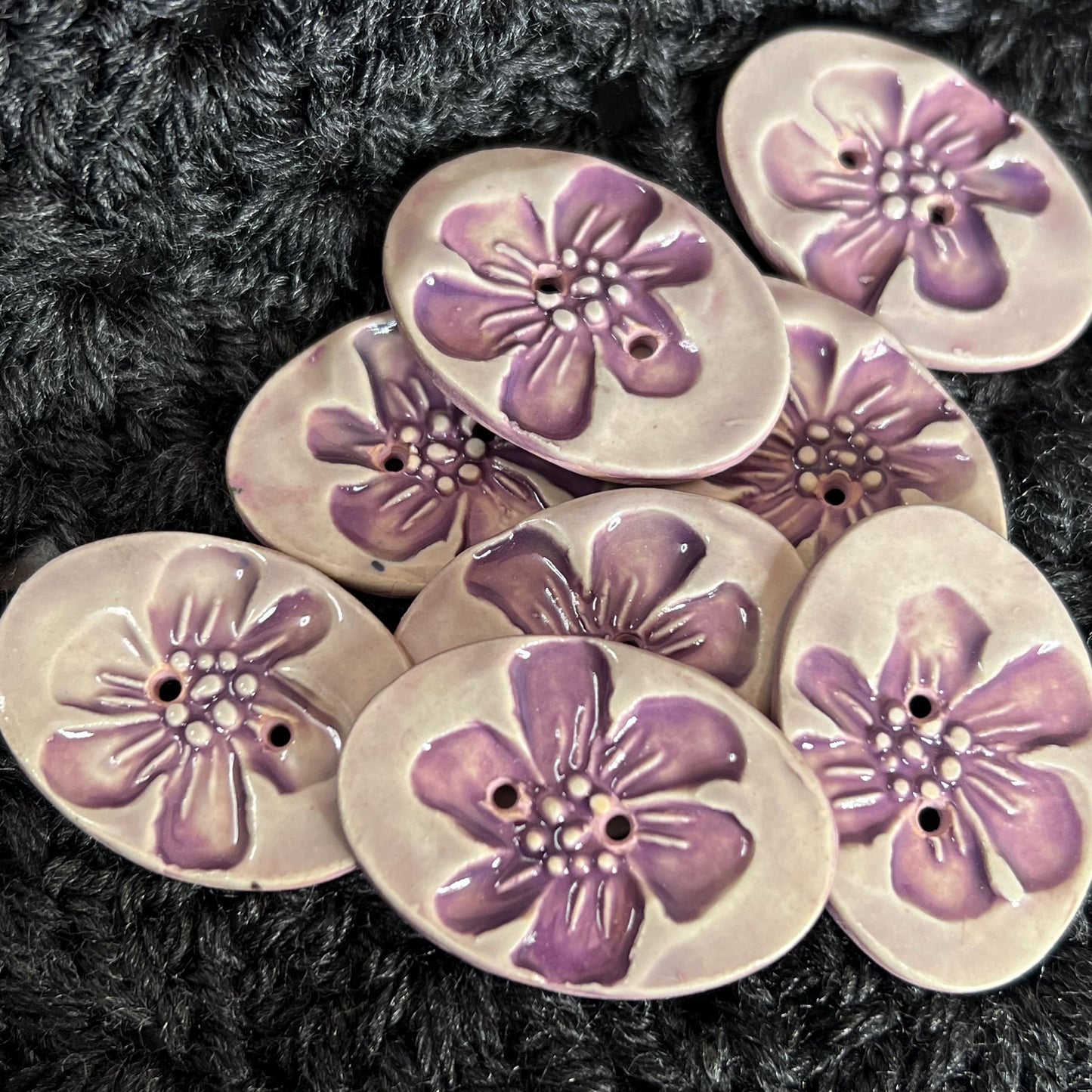 Large Lavender Blossom Stamped Oval Ceramic Button