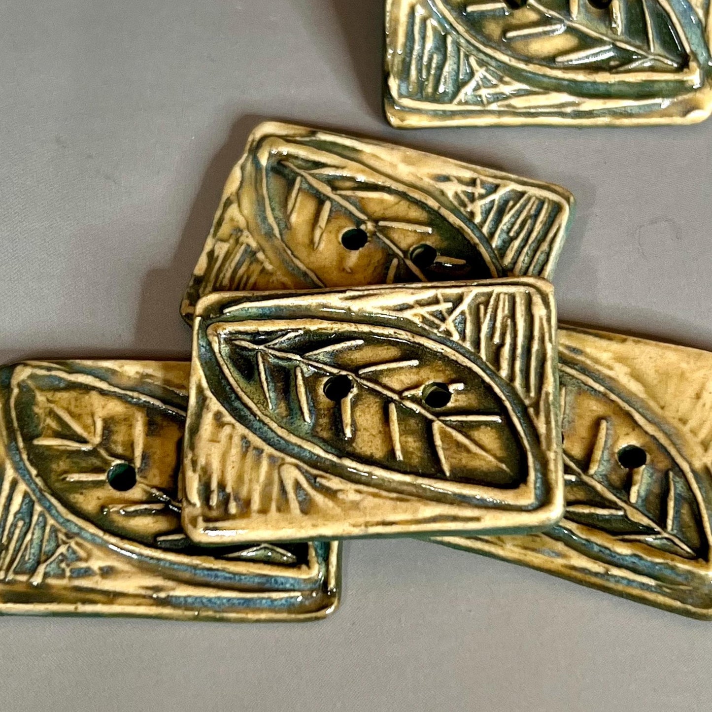 Large Green and YellowStamped Leaf Ceramic Artisan Button