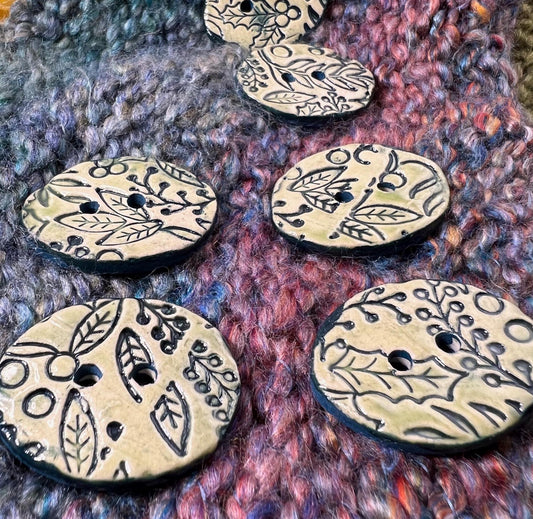 Winter Leaves and Berries Patterned Button, Light Green with Dark Teal Detail