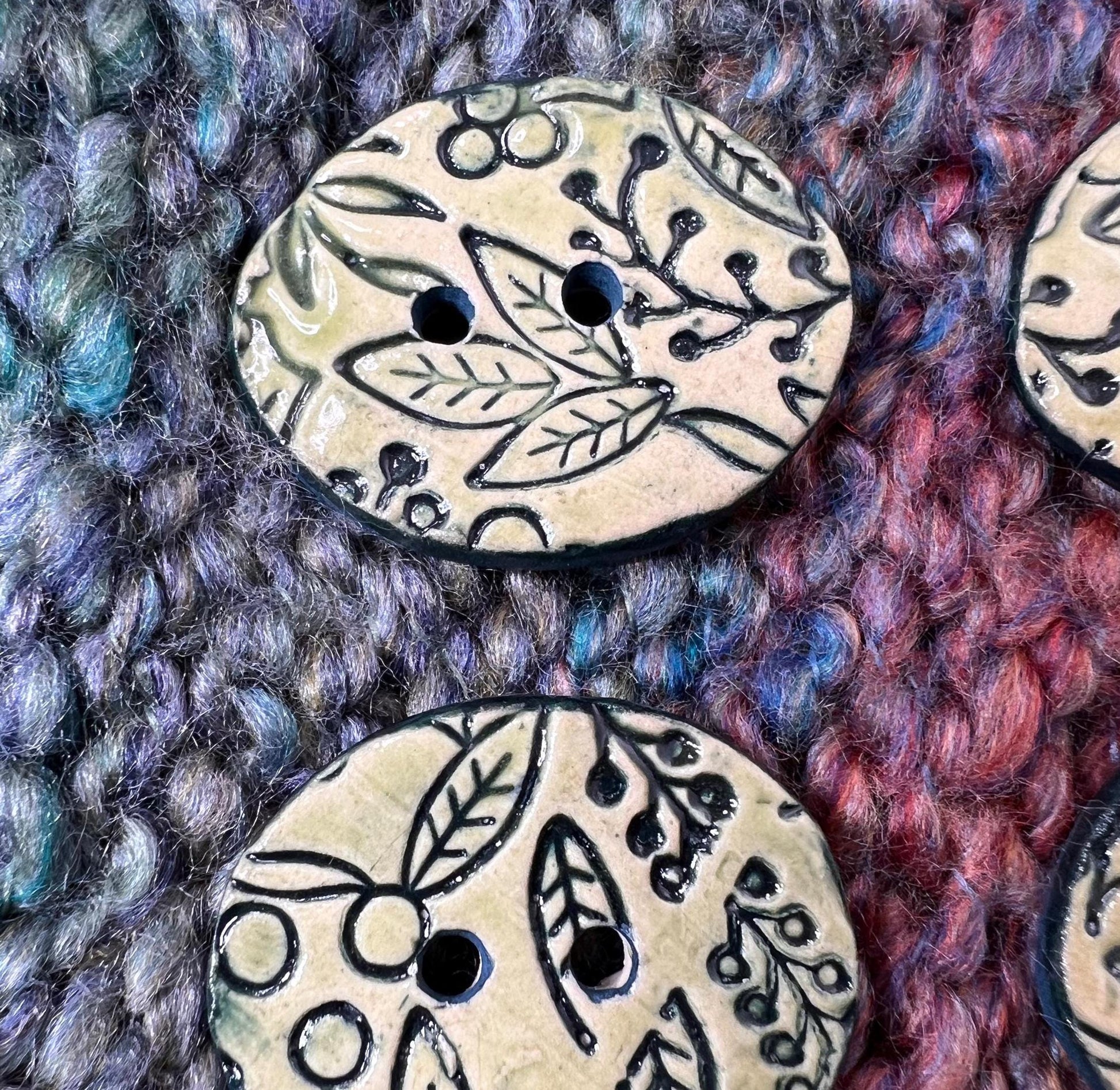 Winter Leaves and Berries Patterned Button, Light Green with Dark Teal Detail