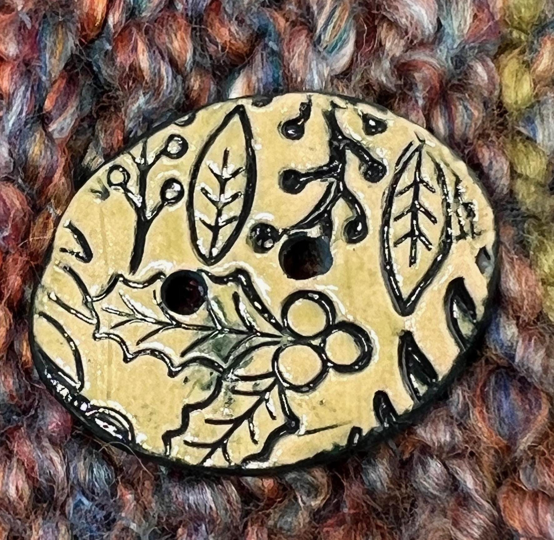 Winter Leaves and Berries Patterned Button, Light Green with Dark Teal Detail