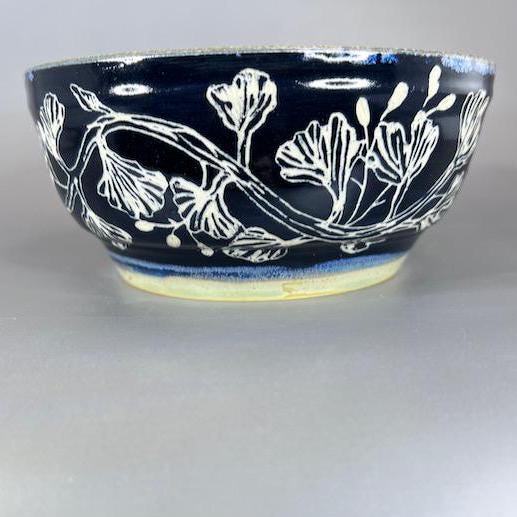 Leaves and Berries Shallow Serving Bowl Black Sgraffito with Green Interior