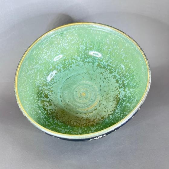 Leaves and Berries Shallow Serving Bowl Black Sgraffito with Green Interior