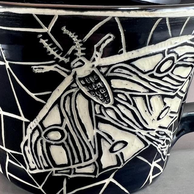 Luna Moth Black and White Sgraffito Mug