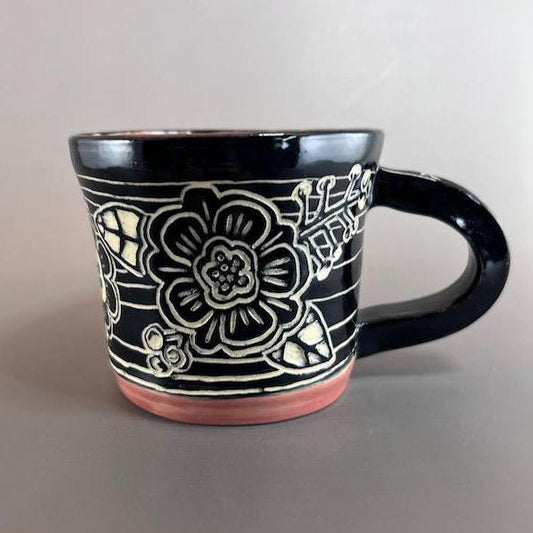 Black and Pink Flowers and Stripes Ceramic Mug