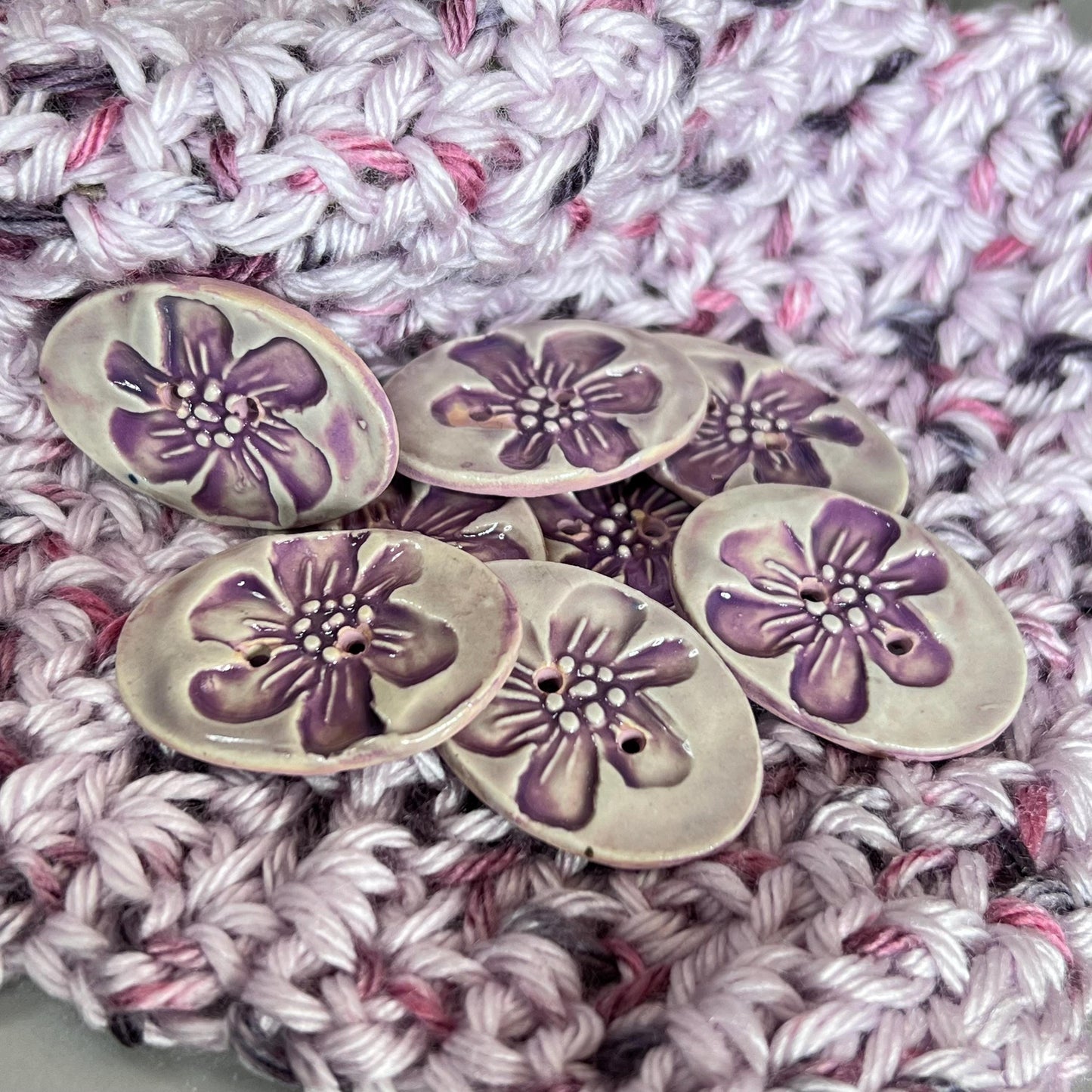 Large Lavender Blossom Stamped Oval Ceramic Button