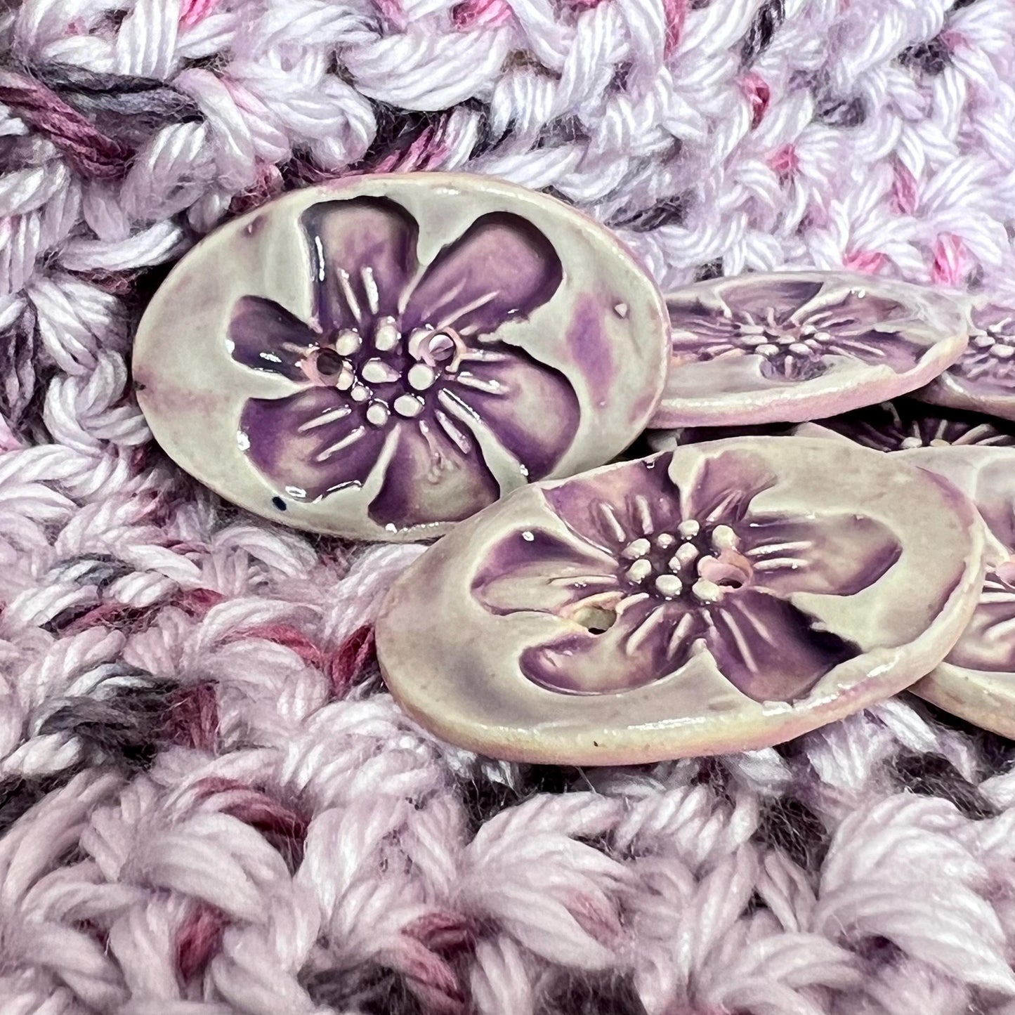 Large Lavender Blossom Stamped Oval Ceramic Button