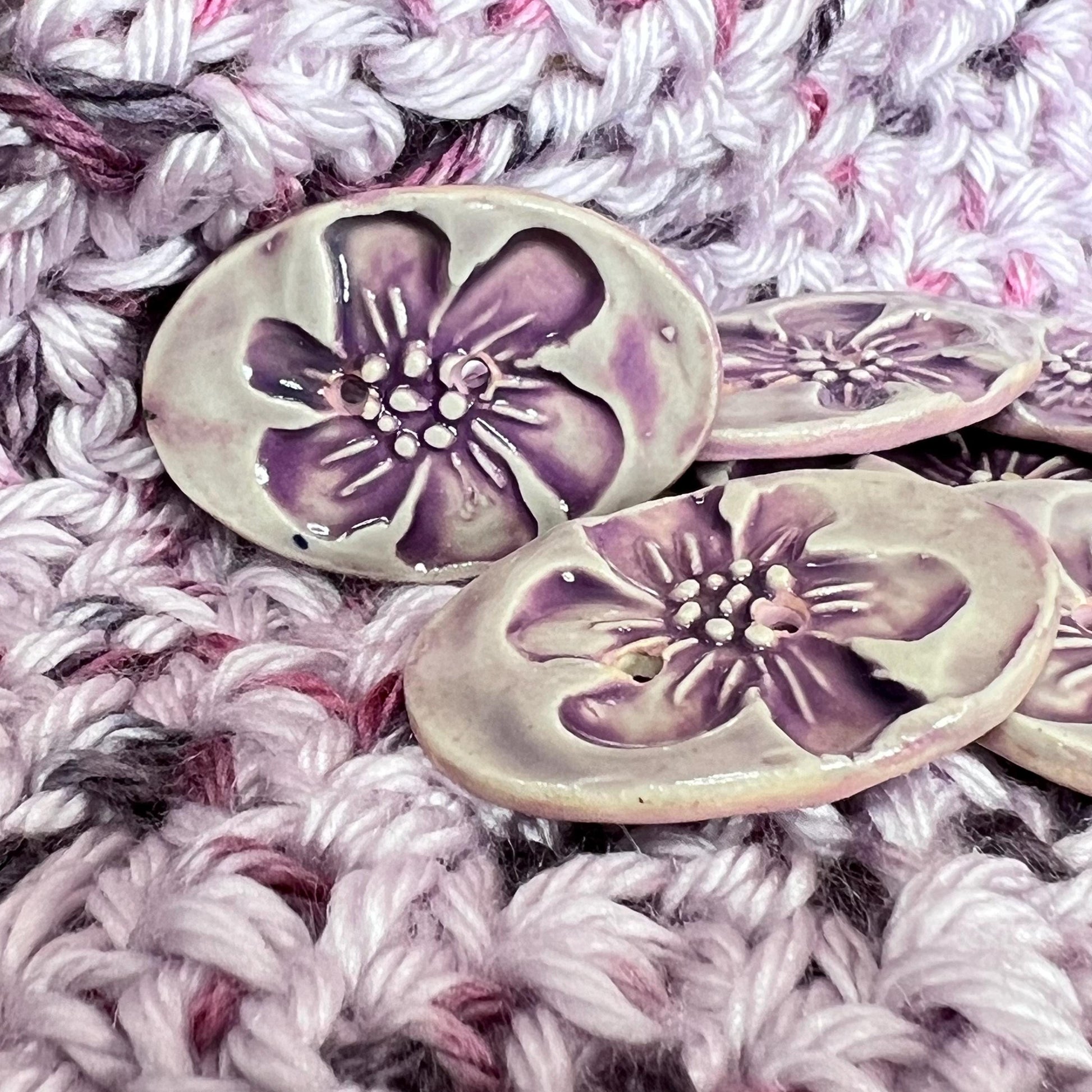 Large Lavender Blossom Stamped Oval Ceramic Button