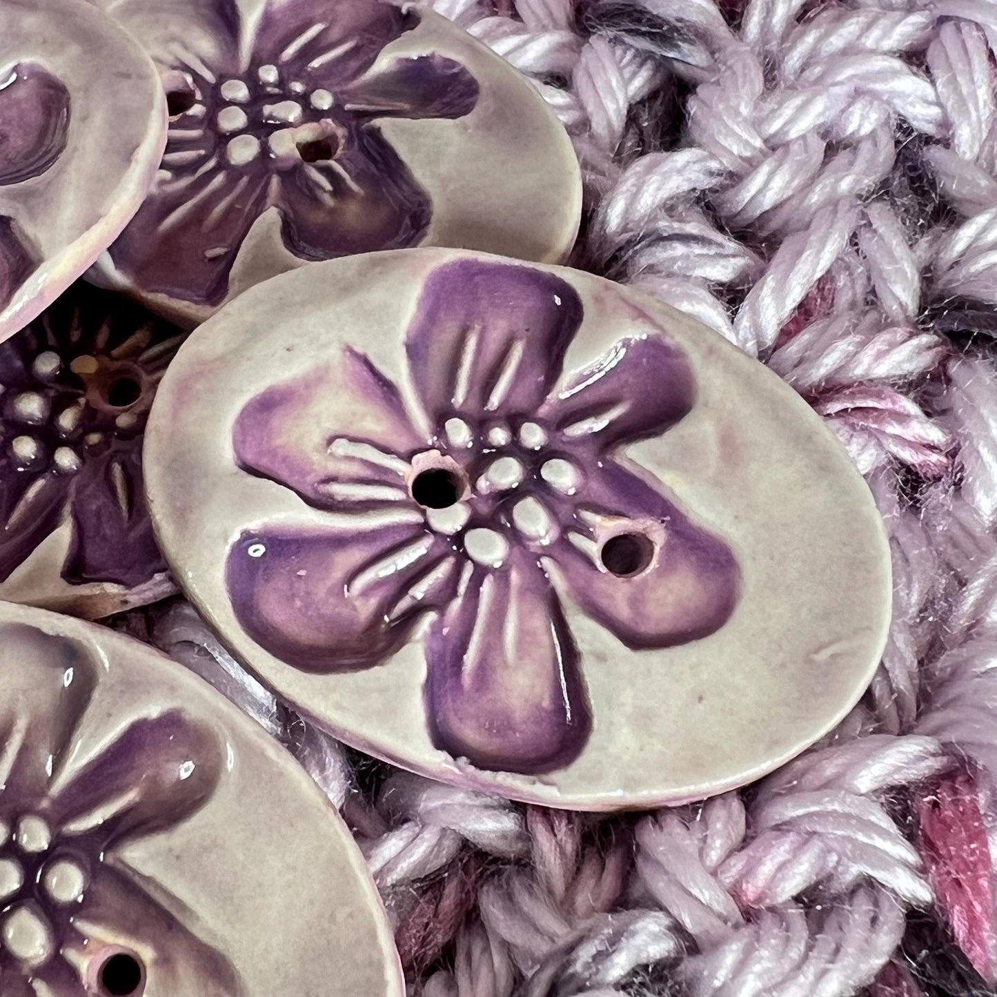 Large Lavender Blossom Stamped Oval Ceramic Button