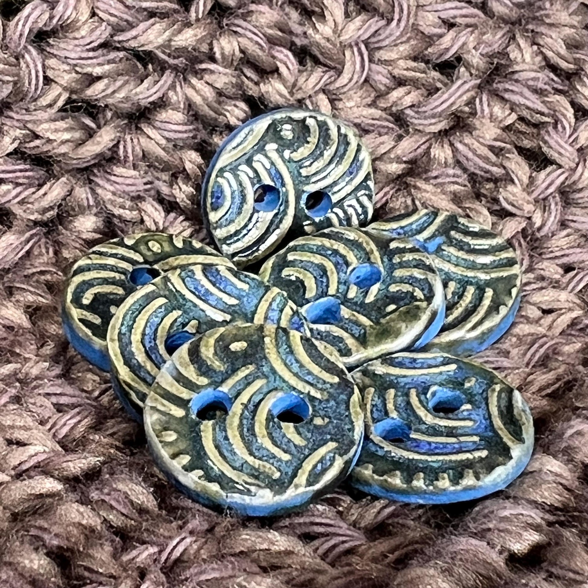 Set of 5 Small Wave Texture Blue and Green Round Buttons