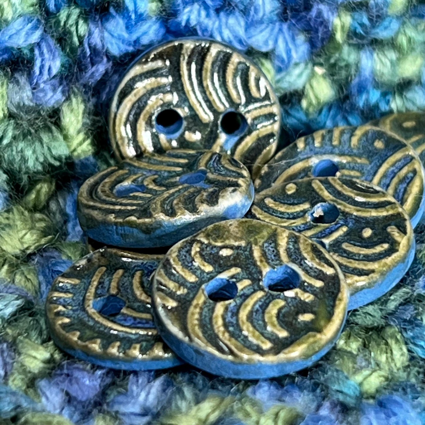 Set of 5 Small Wave Texture Blue and Green Round Buttons