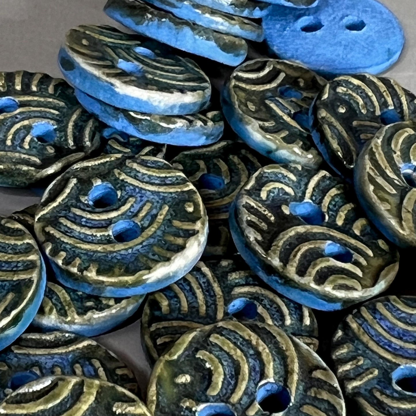 Set of 5 Small Wave Texture Blue and Green Round Buttons