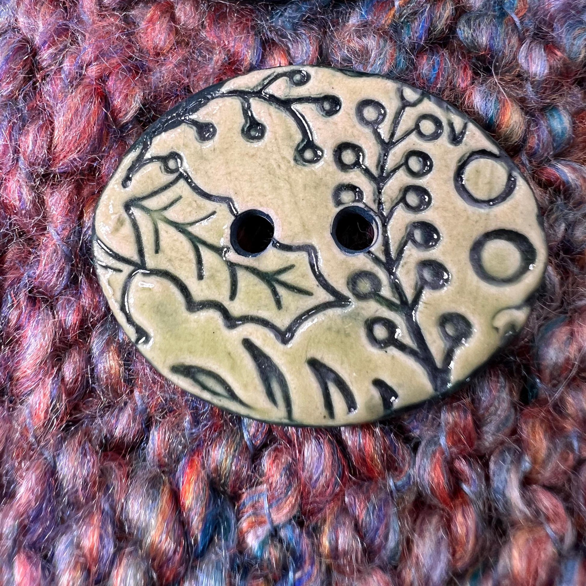 Winter Leaves and Berries Patterned Button, Light Green with Dark Teal Detail
