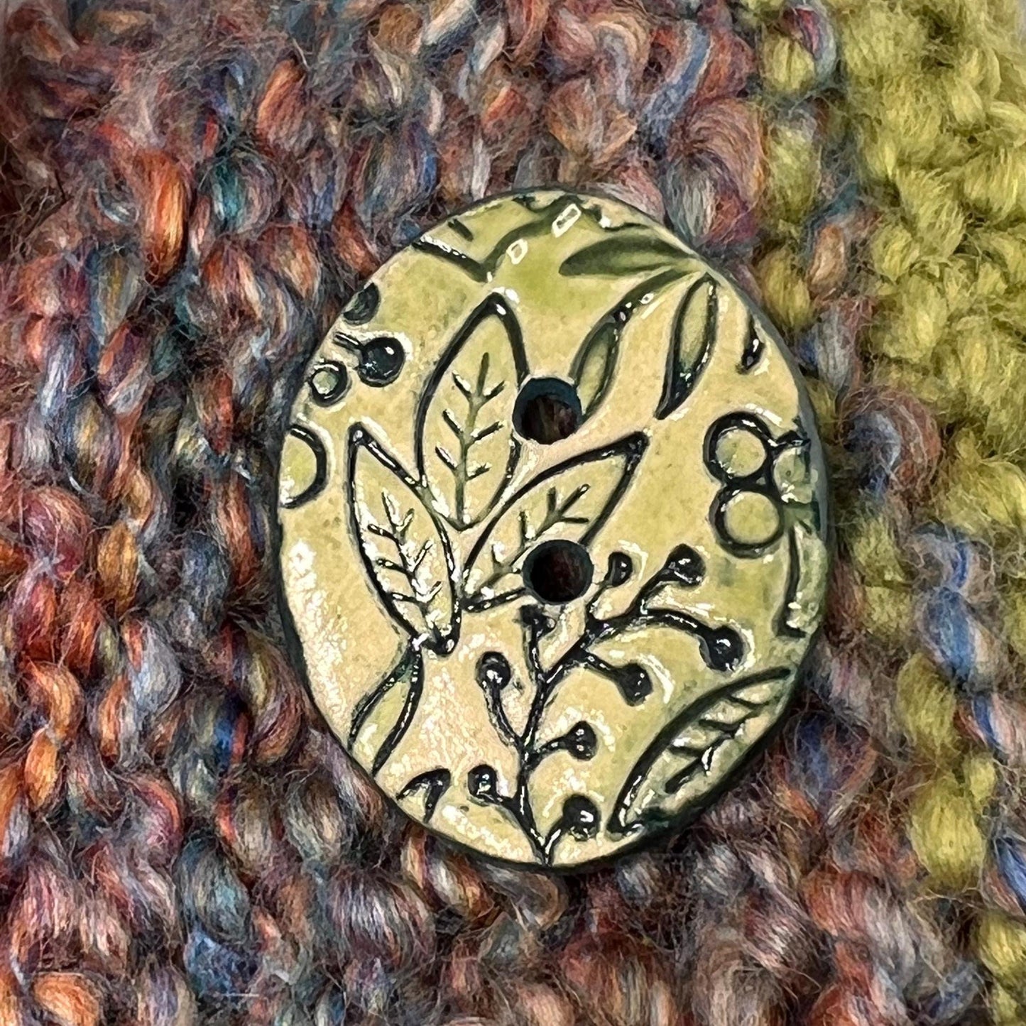 Winter Leaves and Berries Patterned Button, Light Green with Dark Teal Detail
