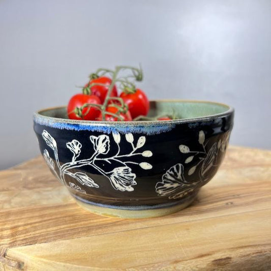 Leaves and Berries Shallow Serving Bowl Black Sgraffito with Green Interior