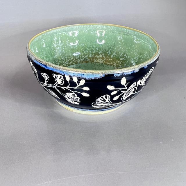 Leaves and Berries Shallow Serving Bowl Black Sgraffito with Green Interior