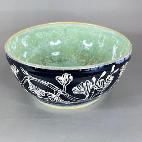 Leaves and Berries Shallow Serving Bowl Black Sgraffito with Green Interior