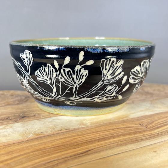 Leaves and Berries Shallow Serving Bowl Black Sgraffito with Green Interior