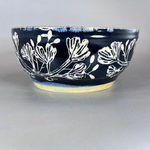 Leaves and Berries Shallow Serving Bowl Black Sgraffito with Green Interior