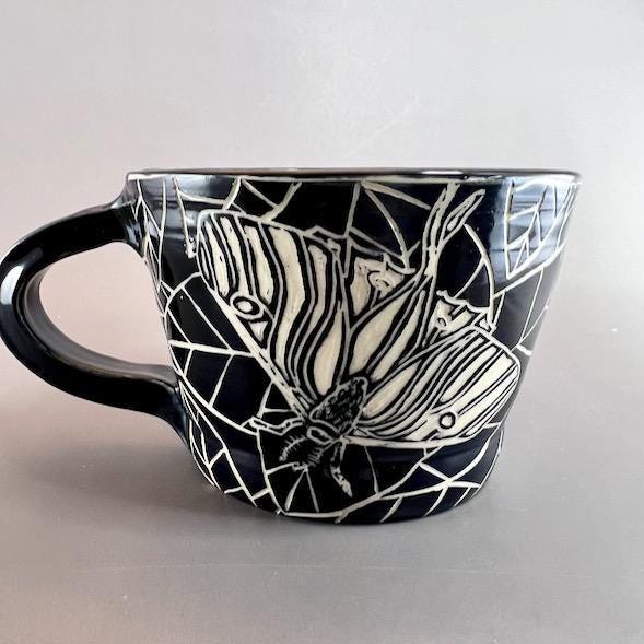 Luna Moth Black and White Sgraffito Mug