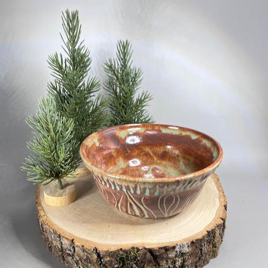 Brown and Turquoise Carved Serving Bowl/Fruit Bowl
