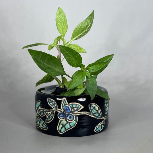 Decorative Blue Berries and Leaves Sgraffito Design Bud Vase